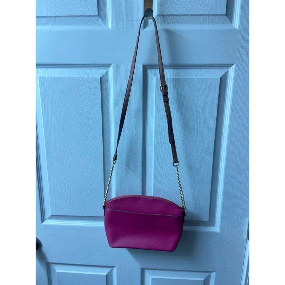 Anne Klein Faux Leather Hot Pink Logo Shoulder Bag Gold Hardware Chain Accent